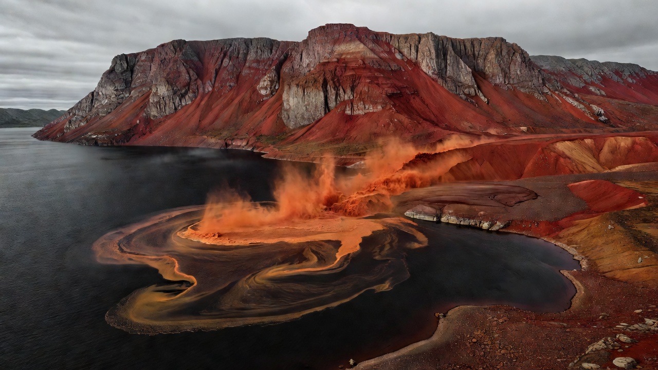 Rust-colored glacial meltwater plume meeting dark fjord water below red sandstone cliffs in Svalbard