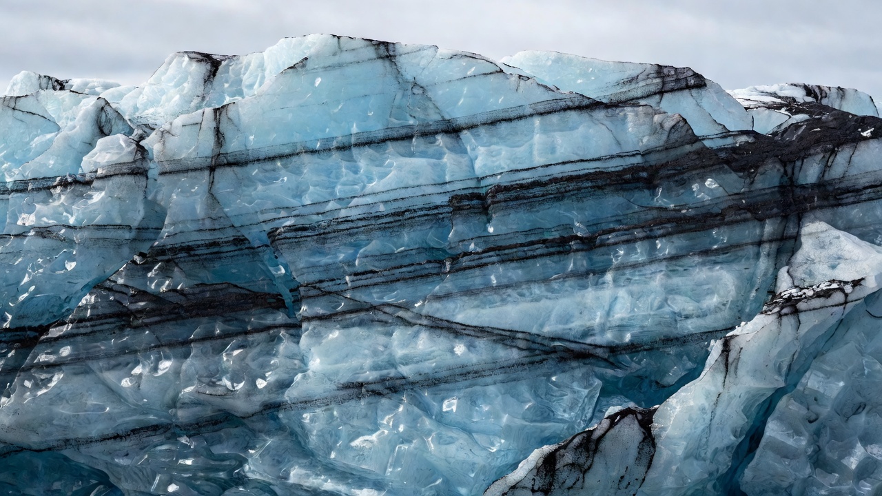 Close-up of dark volcanic tephra layers embedded in compressed glacial ice at Vatnajokull Iceland