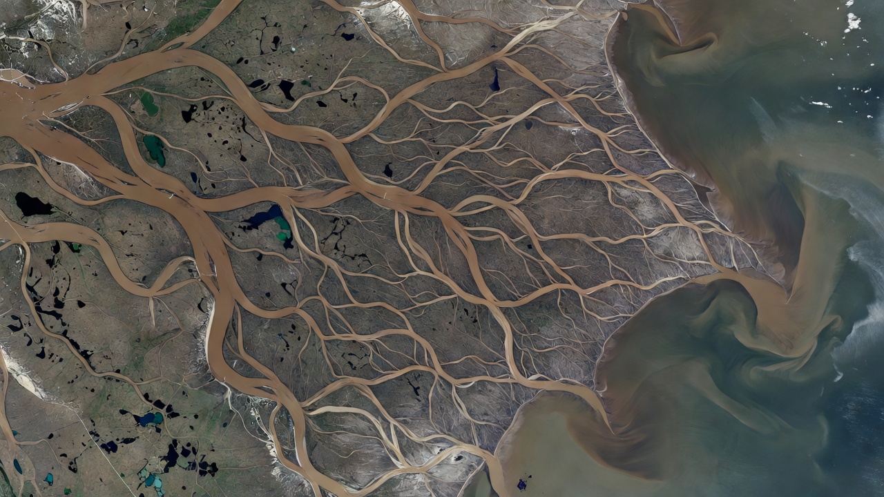 Satellite image of the Lena River Delta showing thousands of braided channels and thermokarst lakes entering the Laptev Sea