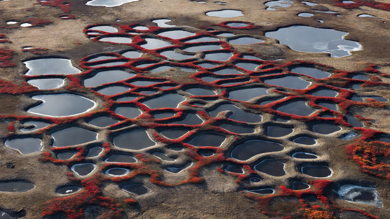 High-contrast aerial view of permafrost ice-wedge polygons rimmed with rust-red shrubs and dark melt ponds